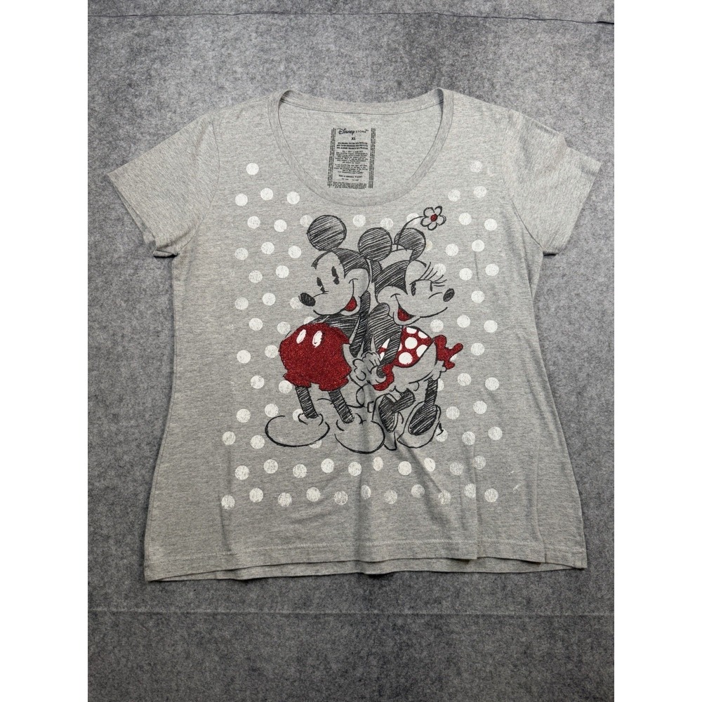 Disney Store Women's XL Mickey Minnie Mouse Gray Polka Dot Glitter T-Shirt
